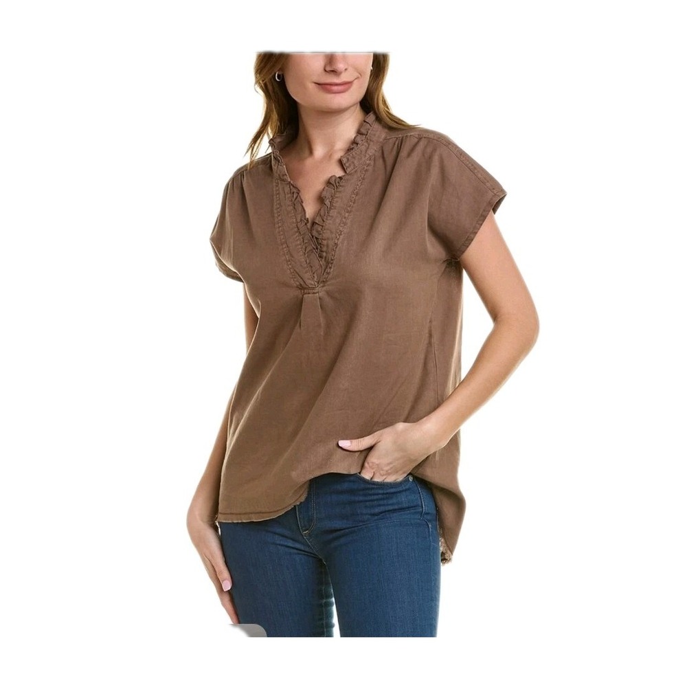 Wearables XCVI Idra Ruffle Linen Blend‎ Brown Top Hi-Low Raw Edge Size Small